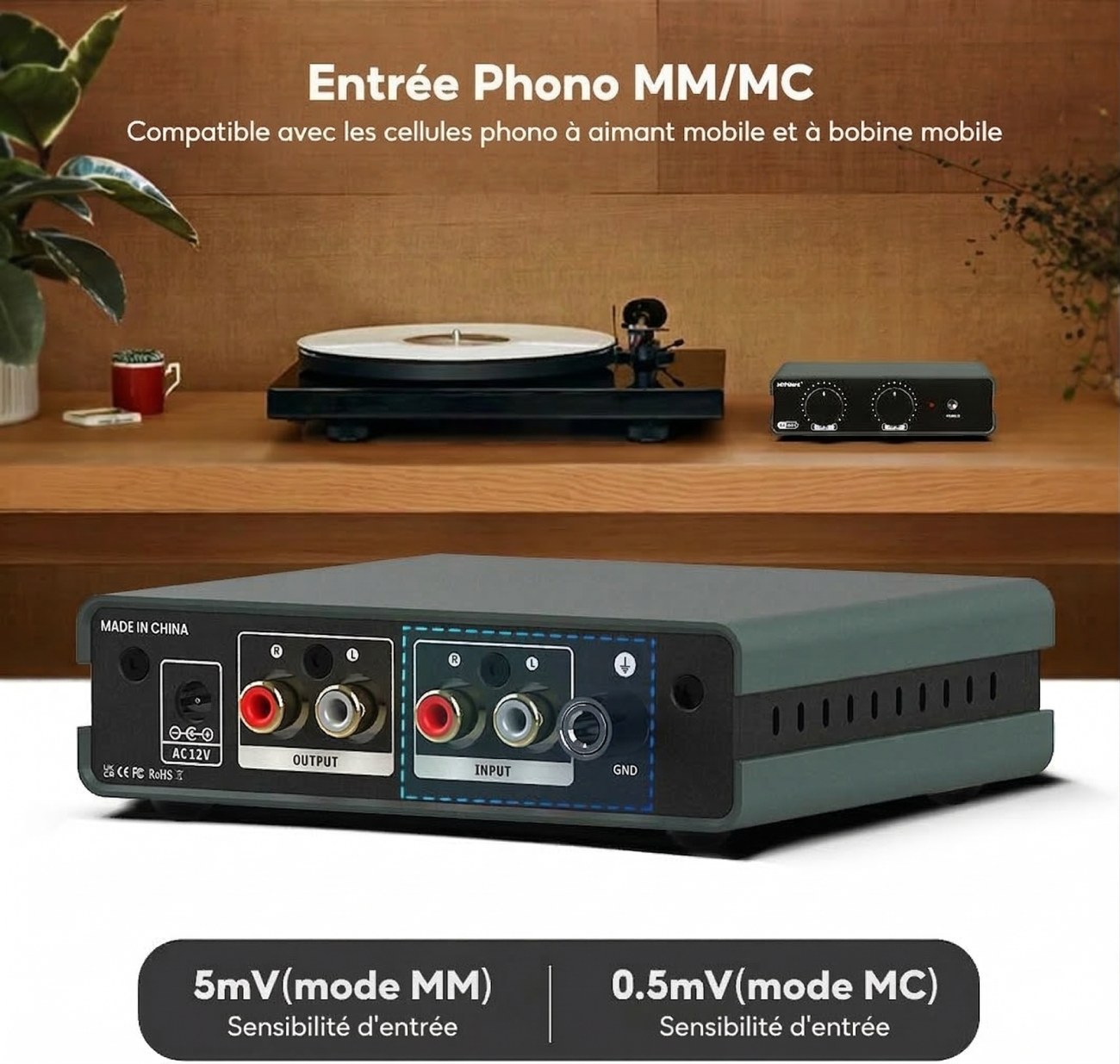 Vue arrière de l'AIYIMA T3PRO avec focus sur les entrées phono, accompagnée d'un comparatif de sensibilité : 5mV pour les cellules MM et 0,5mV pour les cellules MC.