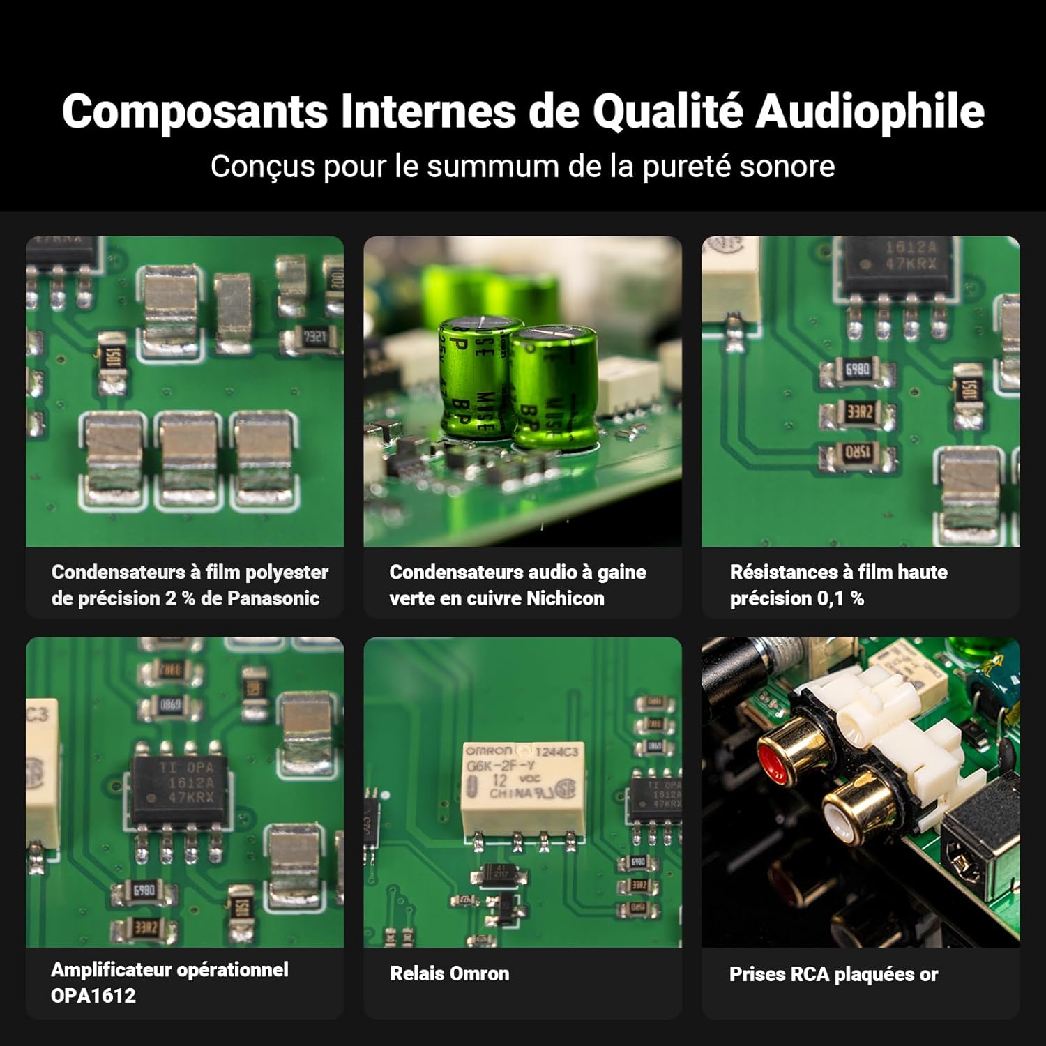 Gros plan sur les composants internes du Fosi Audio BOX X5 : condensateurs Panasonic et Nichicon Muse, résistances de précision 0,1%, amplificateur opérationnel TI OPA1612, relais Omron et prises RCA plaquées or.