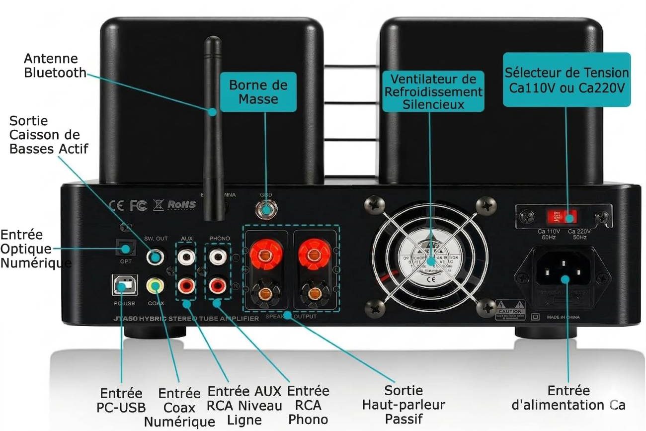 Vue arrière détaillée des branchements du Juson Audio JTA50 : entrées Phono, RCA, Optique, Coaxiale, USB-B, sortie Subwoofer, borniers haut-parleurs et antenne Bluetooth.