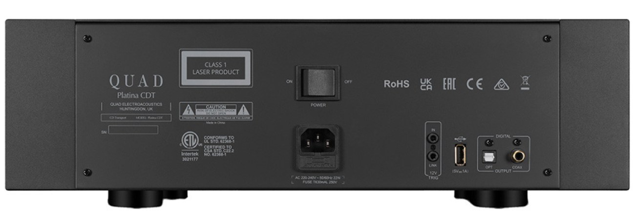 Face arrière du transport CD Quad Platina CDT montrant les sorties numériques coaxiale et optique TOSLINK, le port USB-A, l'entrée trigger 12V et la prise d'alimentation secteur.