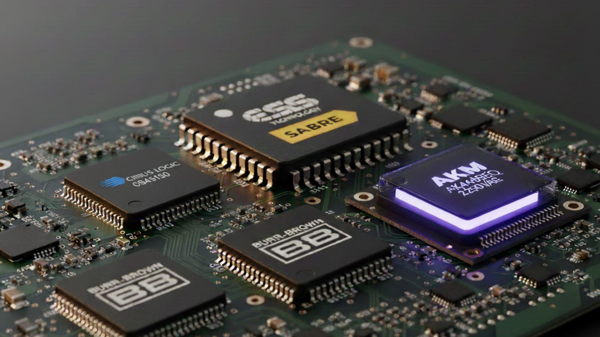 Gros plan sur un circuit imprimé audio avec quatre puces DAC : ESS Sabre (jaune), AKM AK4499EQ (violet), Burr-Brown (noir) et Cirrus Logic CS4515O — les quatre grands fabricants de chips DAC audiophiles modernes