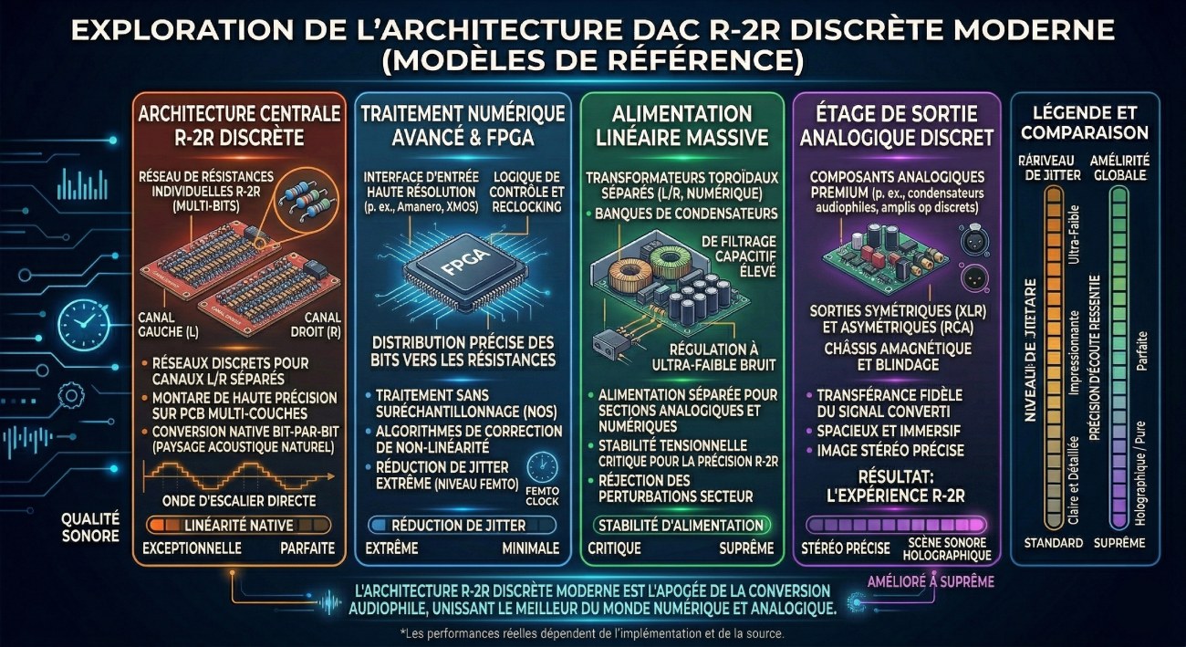 Infographie exploration architecture DAC R-2R discret moderne : réseau de résistances individuelles multi-bits canaux L/R séparés (conversion native bit-par-bit), traitement FPGA Amanero/XMOS avec réduction de jitter femto-clock, alimentation linéaire massive avec transformateurs toroïdaux séparés et régulation ultra-faible bruit, étage de sortie analogique discret avec sorties XLR/RCA — scène sonore holographique