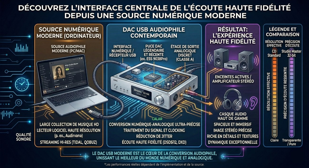 Infographie DAC USB audiophile contemporain : source numérique PC/Mac (streaming Tidal/Qobuz, FLAC HD) → DAC USB avec puce ESS 9038Pro, étage de sortie discret classe A, réduction de jitter, DSD512 → enceintes actives et casque haute fidélité — l'interface centrale de l'écoute hi-res moderne