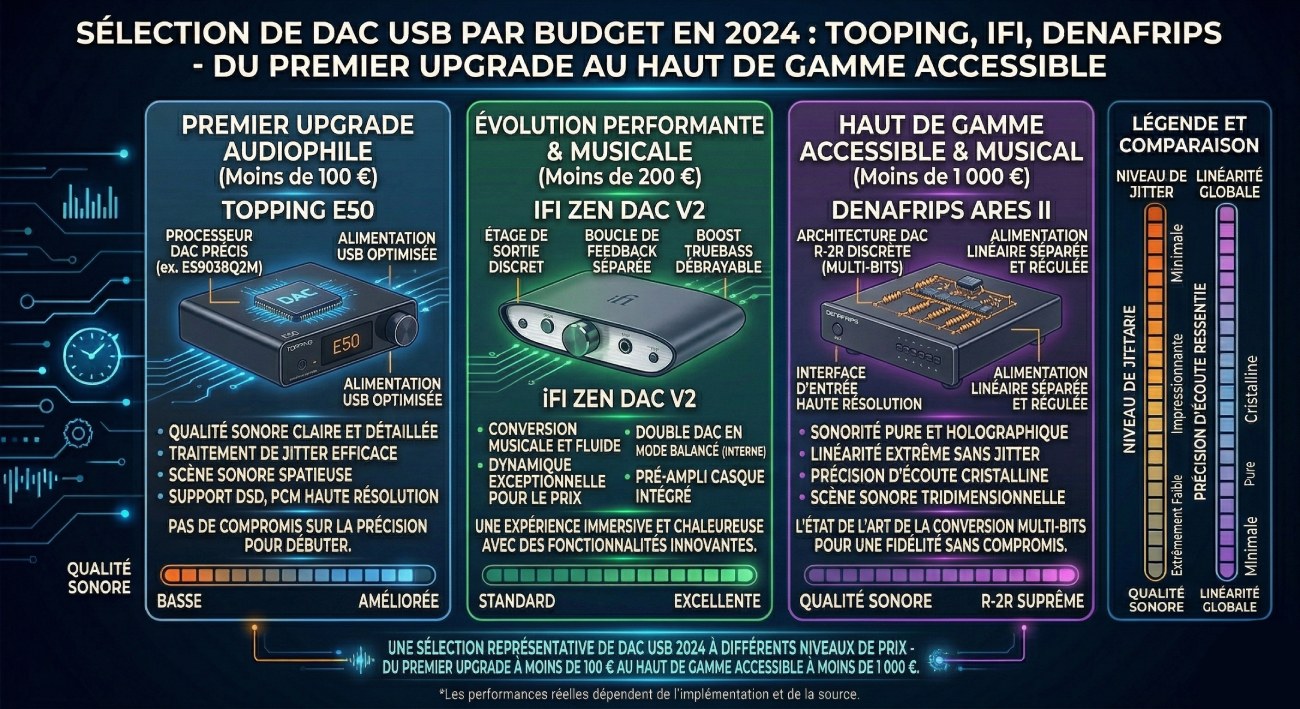 Infographie sélection DAC USB par budget 2024 : Topping E50 (moins de 100€, ES9038Q2M, jitter faible), iFi Zen DAC V2 (moins de 200€, étage discret, double DAC balancé, pré-ampli casque) et Denafrips Ares II (moins de 1000€, R-2R discret multi-bits, alimentation linéaire séparée, scène sonore tridimensionnelle)