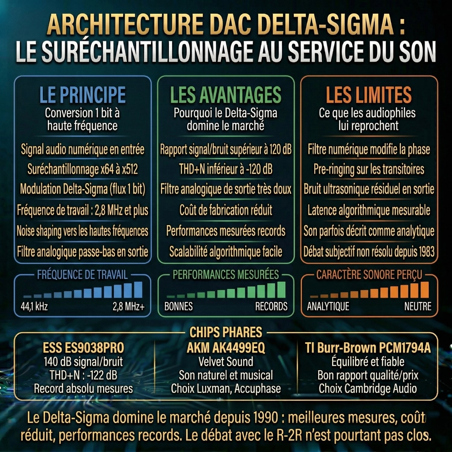 Infographie architecture DAC Delta-Sigma : principe conversion 1 bit haute fréquence (suréchantillonnage x64 à x512, modulation Delta-Sigma, 2,8 MHz+, noise shaping, filtre analogique passe-bas), avantages (rapport signal/bruit 120dB, THD+N -120dB, performances records), limites (filtre numérique, pre-ringing, bruit ultrasonique) et chips phares ESS ES9038PRO, AKM AK4499EQ, TI Burr-Brown PCM1794A