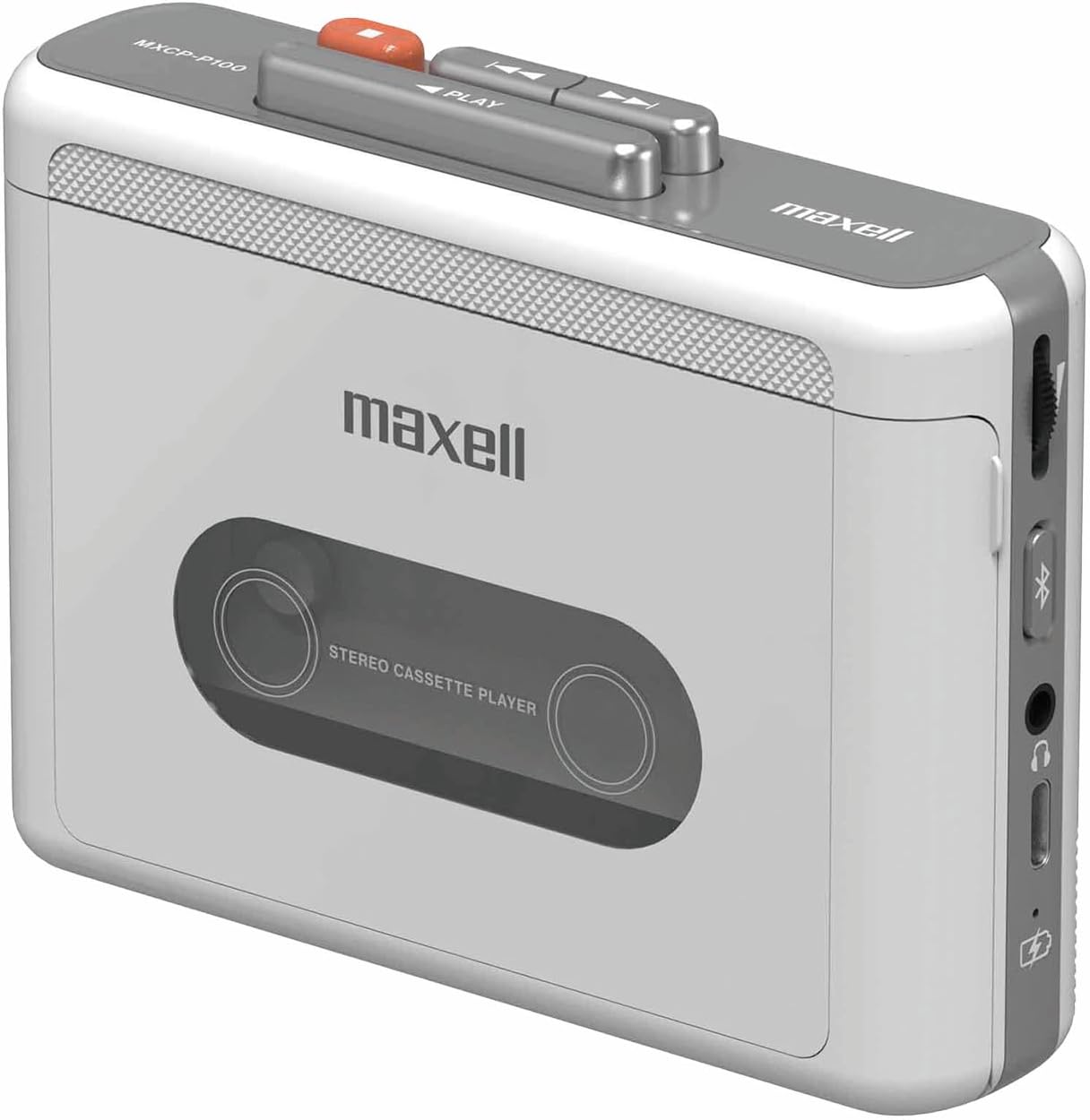 Vue de trois-quarts du baladeur Maxell MXCP-P100 blanc montrant son design compact, sa fenêtre de lecture transparente et ses finitions grises avec logo Maxell.