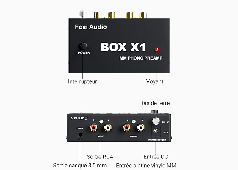 Le préampli Fosi Audio BOX X1 affiche ses caractéristiques techniques et ses connexions à l’arrière.