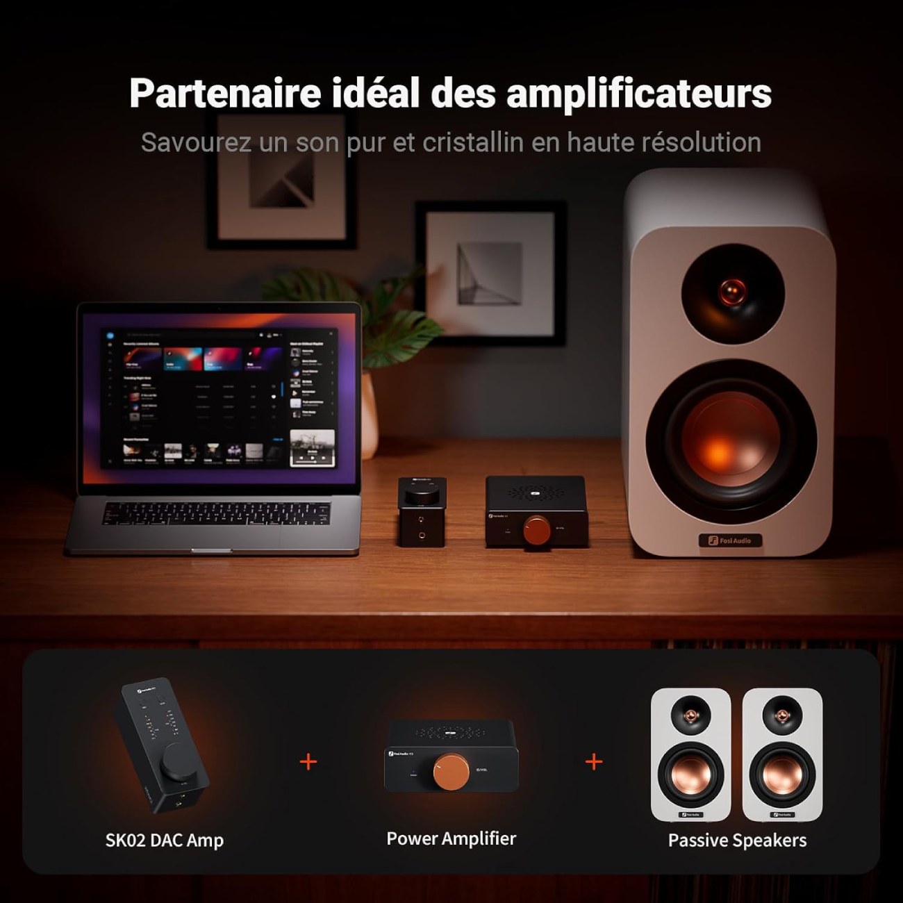 Schéma de connexion du DAC Ampli Fosi Audio SK02 relié à un amplificateur de puissance et des enceintes passives pour une configuration audio haute résolution.