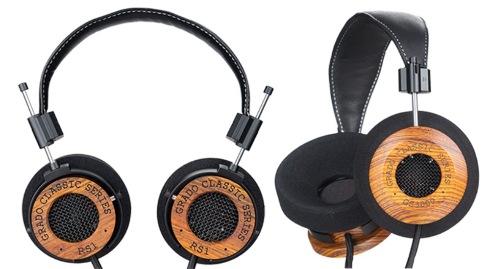 Casques Grado Classic Series RS1 et GS3000 avec coques en bois, serre-tête cuir cousu blanc et grille dynamique ouverte