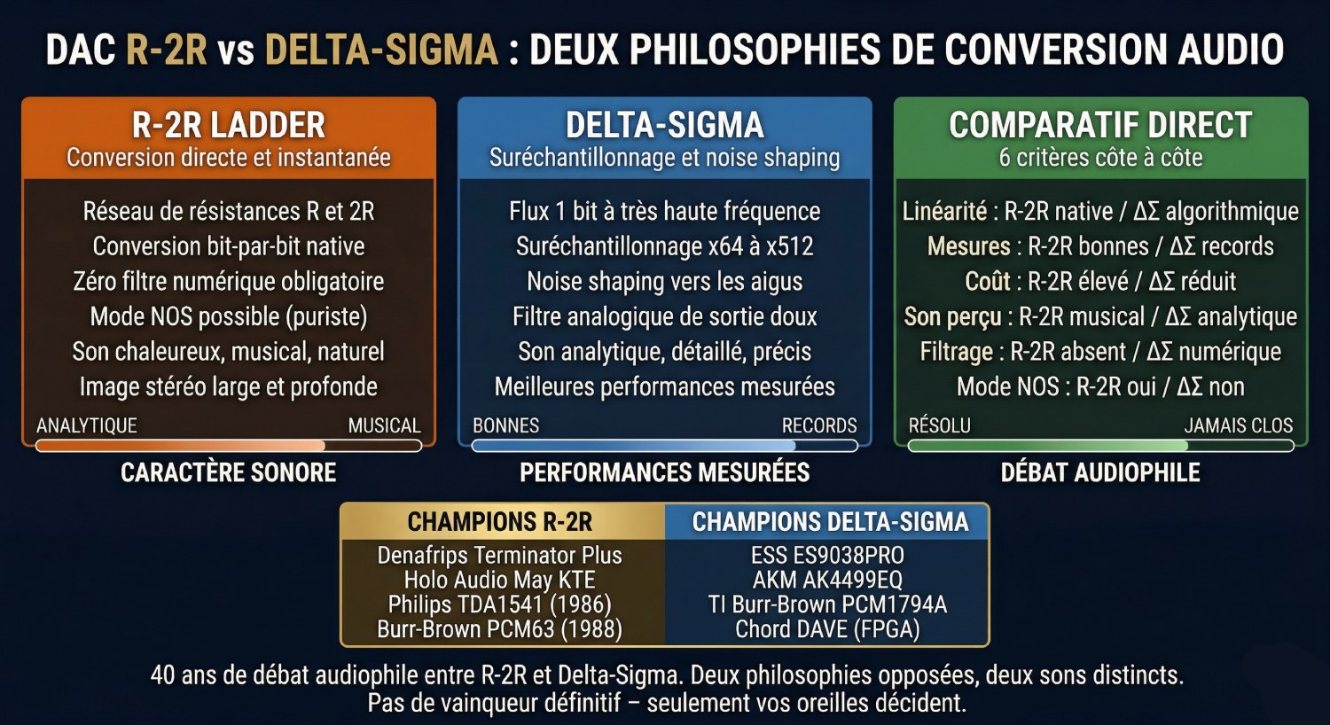 Infographie DAC R-2R Ladder vs Delta-Sigma : R-2R (réseau résistances, conversion bit-par-bit native, mode NOS, son chaleureux et musical) vs Delta-Sigma (flux 1 bit haute fréquence, suréchantillonnage x64-x512, noise shaping, performances mesurées records) - comparatif 6 critères et champions des deux architectures