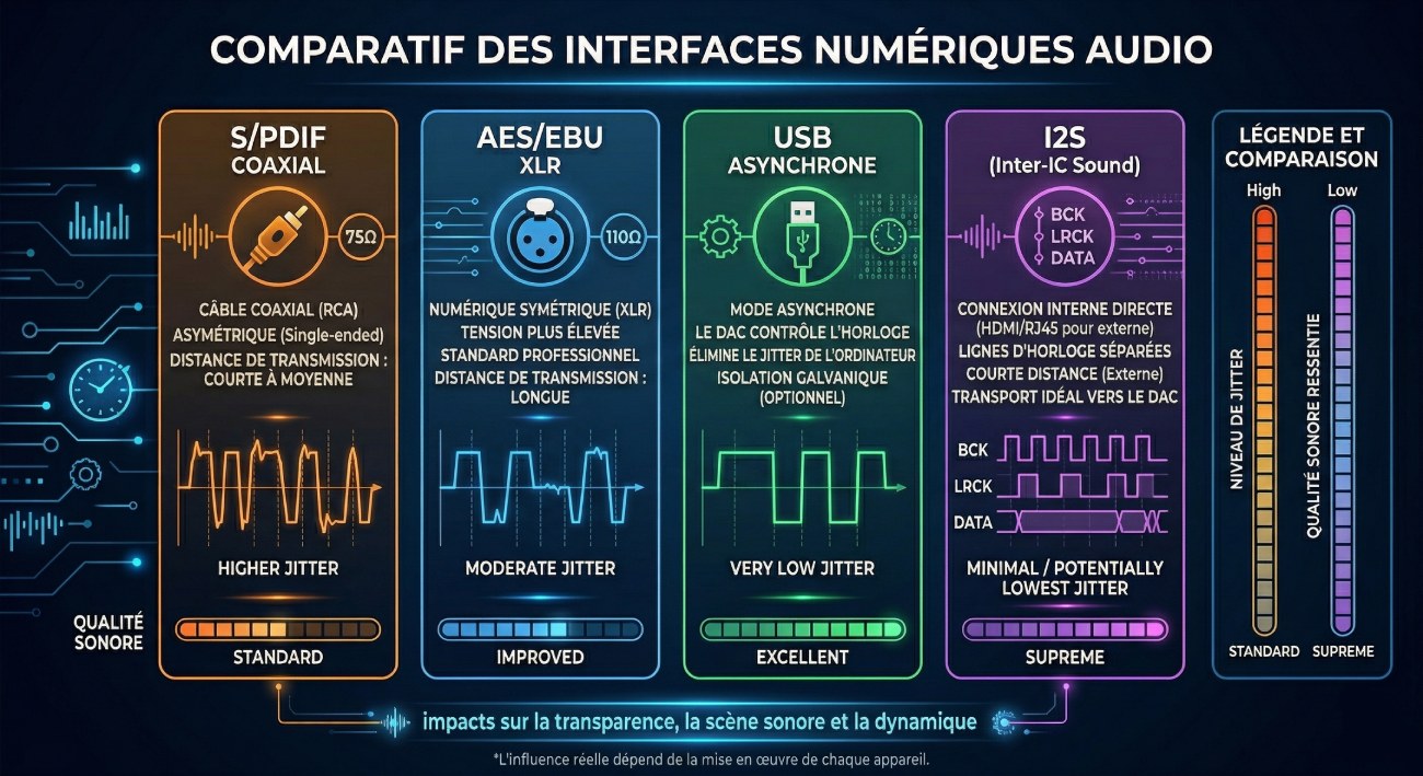 Infographie comparatif des quatre interfaces numériques audio : S/PDIF coaxial (higher jitter), AES/EBU XLR (moderate jitter), USB asynchrone (very low jitter) et I2S (minimal jitter) — avec niveaux de jitter et qualité sonore comparés