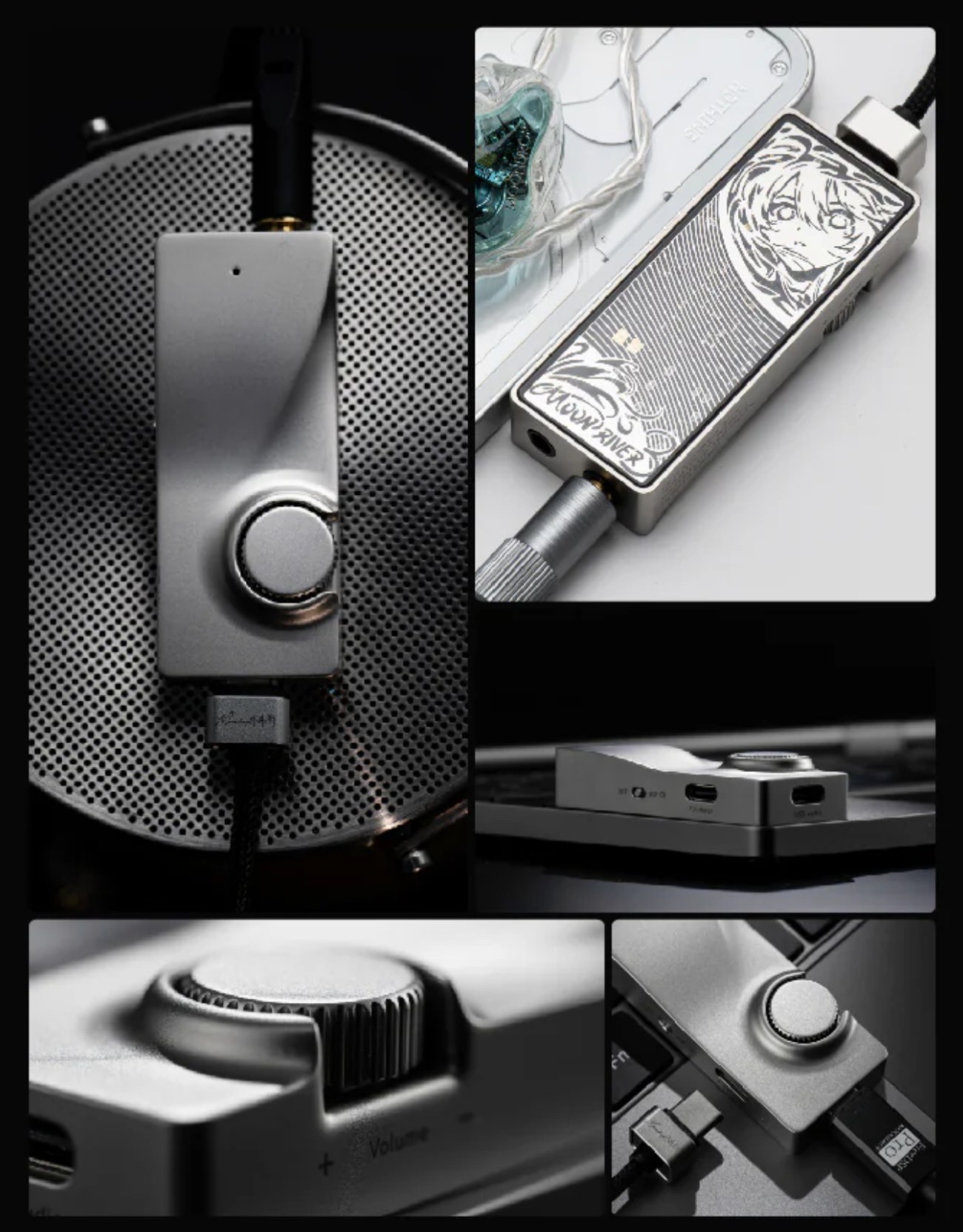 Collage de photos du Moondrop Moonriver 3 montrant la molette de volume crantée, le port USB-C pour DSP/recharge, et le câble spécial de connexion PD.