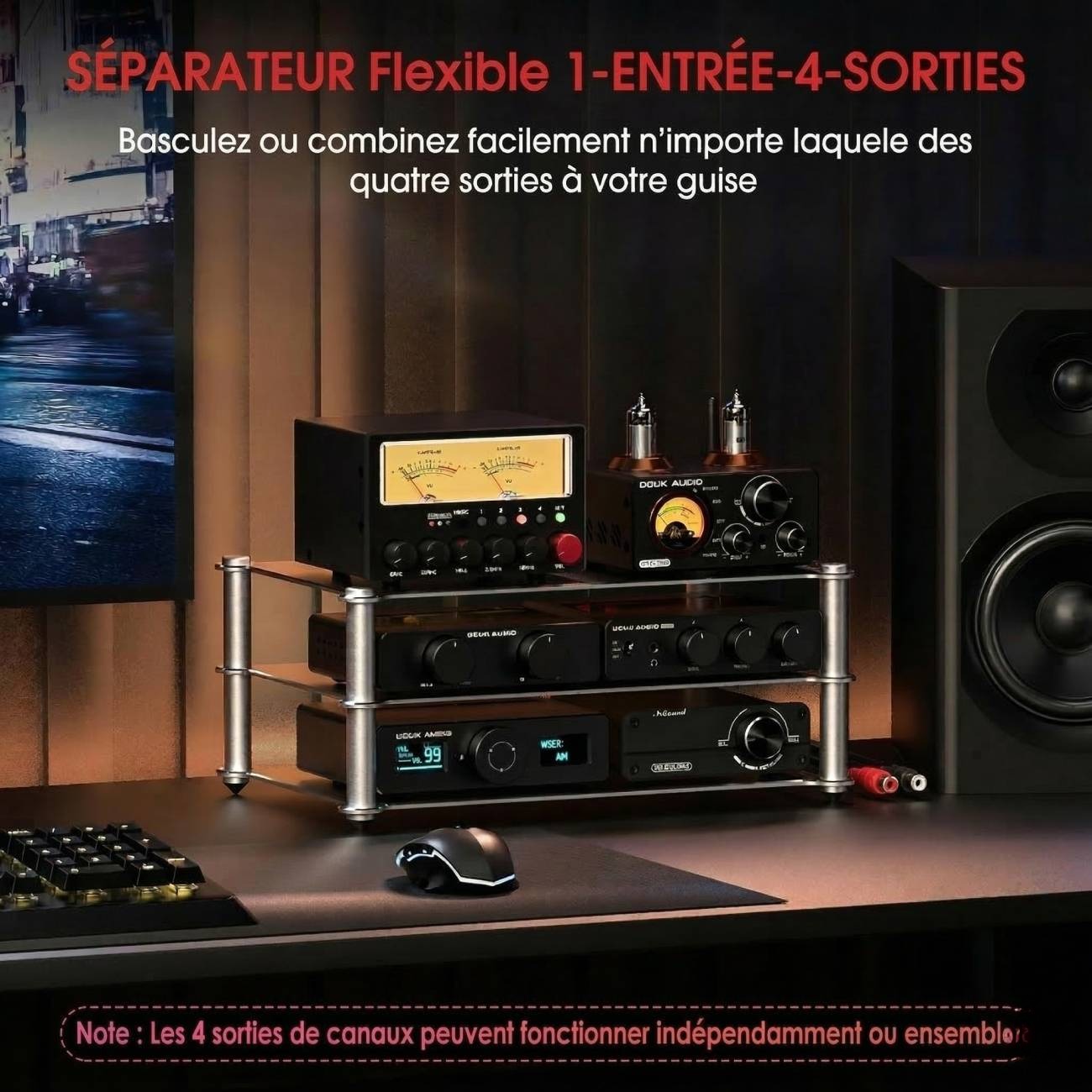 Mise en situation du Nobsound D5 sur un bureau d'audiophile, installé sur un rack avec d'autres équipements audio Douk Audio, mettant en avant ses deux VU-mètres rétro et son design compact.