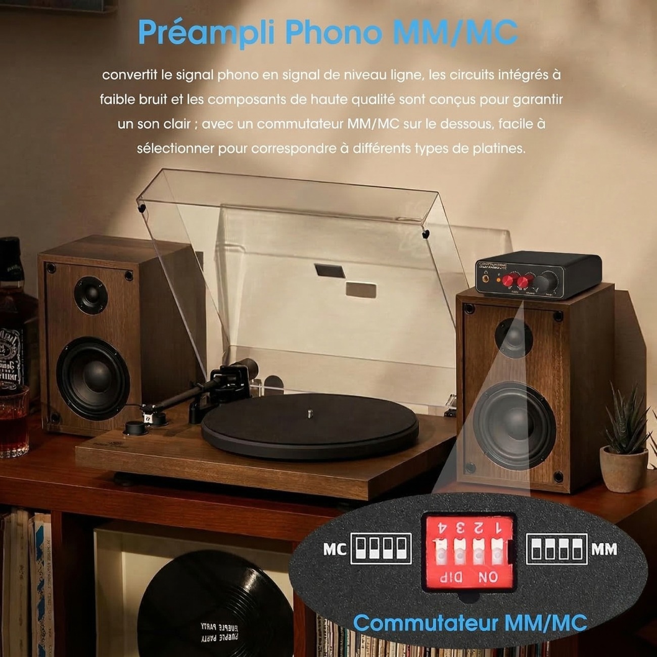 Vue rapprochée du commutateur DIP situé sous le Nobsound T14-EQ permettant de basculer entre les modes de cellules MM et MC pour une compatibilité totale avec les platines vinyles.