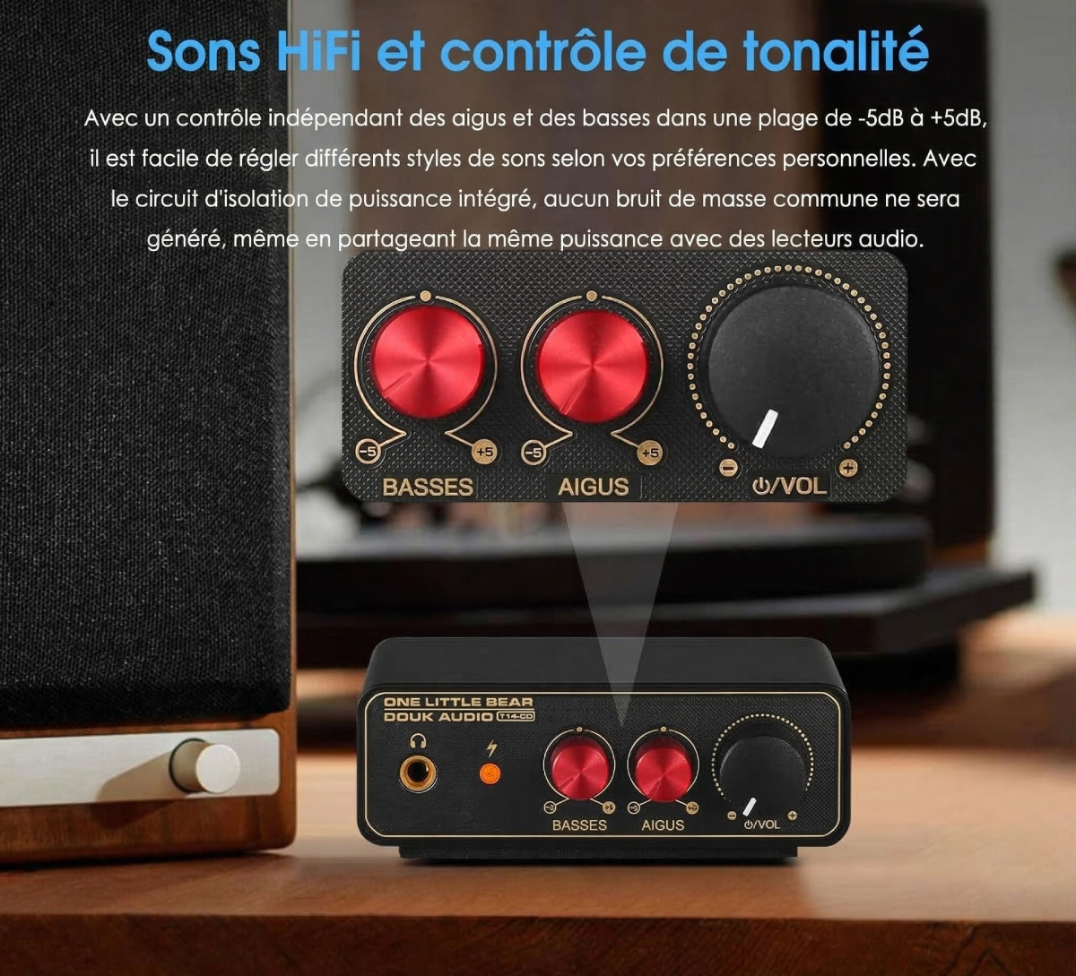 Gros plan sur les potentiomètres de réglage des basses et des aigus du Nobsound T14-EQ, illustrant la plage de correction de -5dB à +5dB pour la personnalisation sonore HiFi.