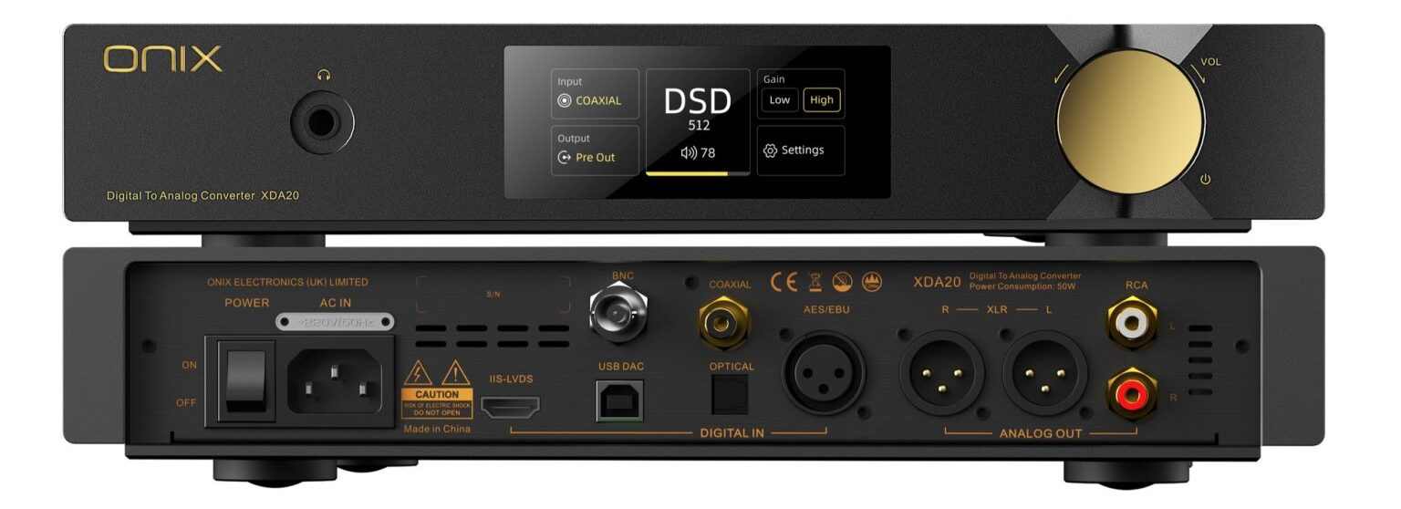 Vues avant et arrière du DAC Onix Zenith XDA20. La face arrière montre les entrées numériques I2S-LVDS, USB DAC, BNC, Coaxial, Optique et AES/EBU, ainsi que les sorties analogiques RCA et XLR.