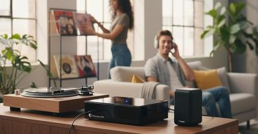 Le Pro-Ject Phono Box E posé sur une table avec vinyles autour, ambiance cosy et moderne.