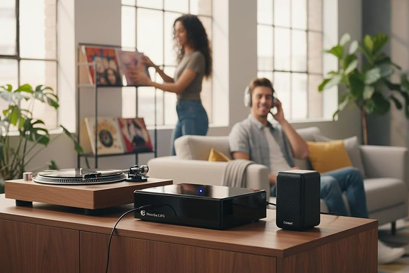Le Pro-Ject Phono Box E posé sur une table avec vinyles autour, ambiance cosy et moderne.