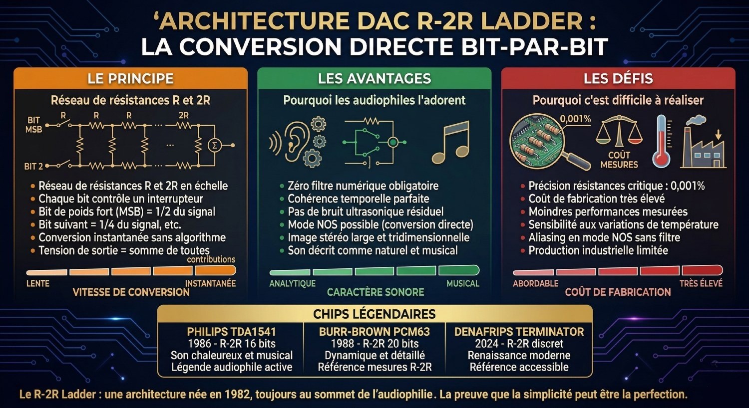 Infographie architecture DAC R-2R Ladder : principe réseau de résistances R et 2R (BIT/MSB, conversion instantanée sans algorithme, tension de sortie = somme contributions), avantages (zéro filtre numérique, cohérence temporelle, mode NOS, image stéréo tridimensionnelle, son naturel et musical), défis (précision résistances 0,001%, coût élevé, aliasing NOS) et chips légendaires TDA1541, PCM63, Denafrips Terminator