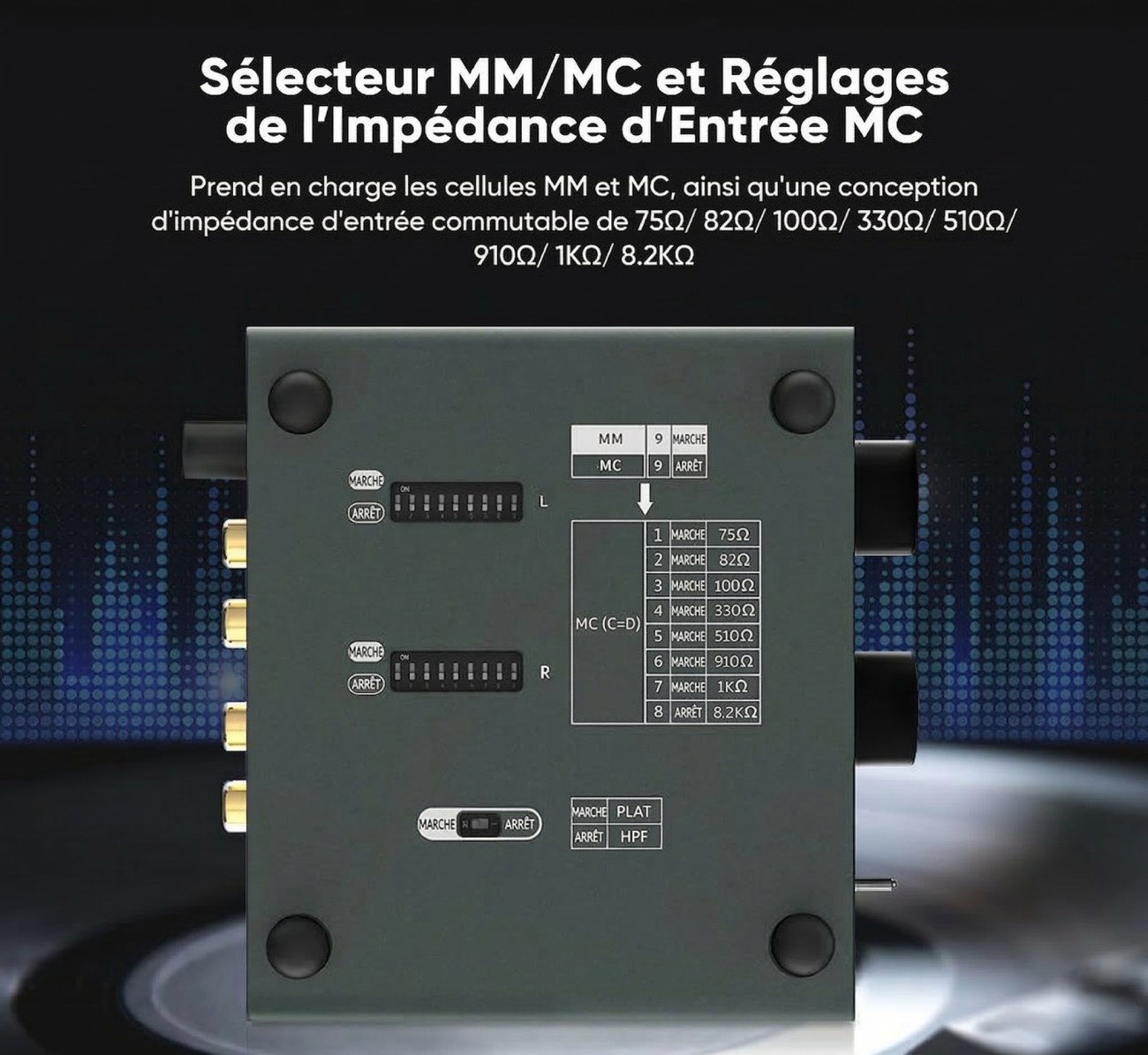 Vue du dessous de l'AIYIMA T3PRO montrant les micro-switchs de réglage d'impédance pour cellules MC, allant de 75 ohms à 8,2 kilohms.