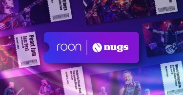 Visuel promotionnel montrant les logos de Roon et nugs.net au centre, entourés de billets de concert virtuels et de photos de scène d'artistes comme Bruce Springsteen, Pearl Jam, Metallica et Billy Strings sur un fond violet dynamique.
