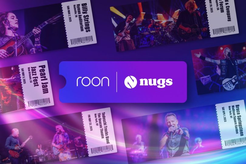 Visuel promotionnel montrant les logos de Roon et nugs.net au centre, entourés de billets de concert virtuels et de photos de scène d'artistes comme Bruce Springsteen, Pearl Jam, Metallica et Billy Strings sur un fond violet dynamique.