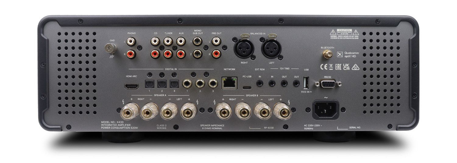 Vue détaillée de la face arrière de l'amplificateur intégré Rotel Michi Prestige X430, montrant la section des entrées numériques avec le port HDMI ARC, les entrées analogiques (RCA, XLR), et le double bornier enceintes A/B.