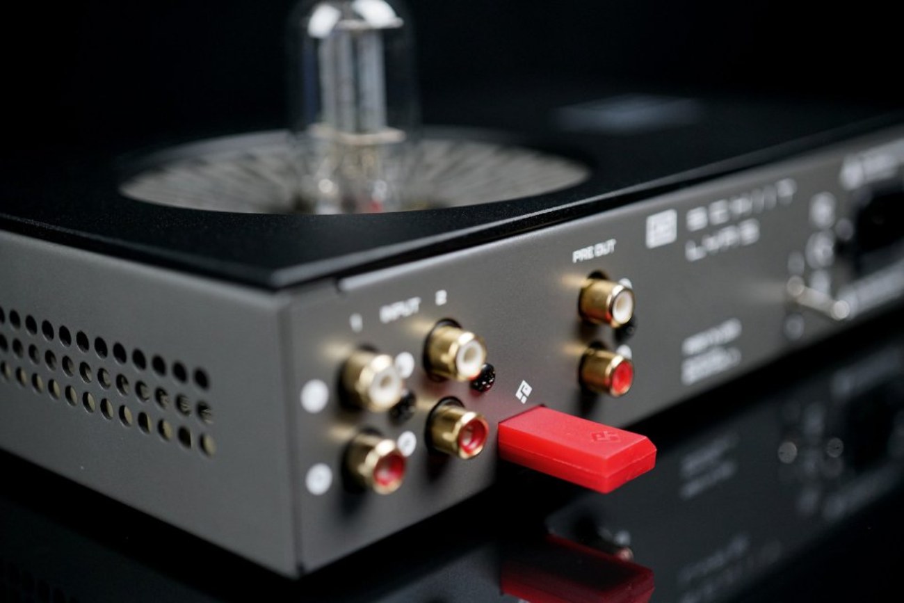 Vue arrière de l'amplificateur Schiit Lyr 5 montrant les entrées RCA dorées et le module Forkbeard rouge distinctif pour le contrôle Bluetooth et la surveillance de la Classe A.