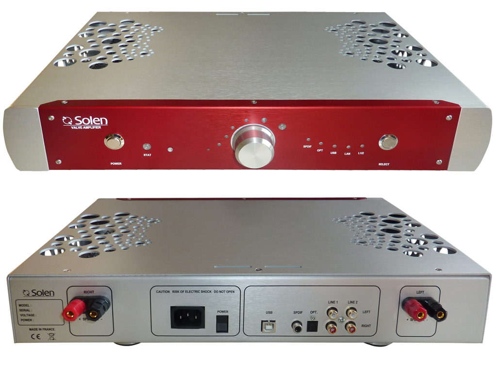 Vues avant et arrière de l'amplificateur Solen CV20-N montrant la façade rouge et la connectique complète avec entrées USB, SPDIF, Optique et RCA.