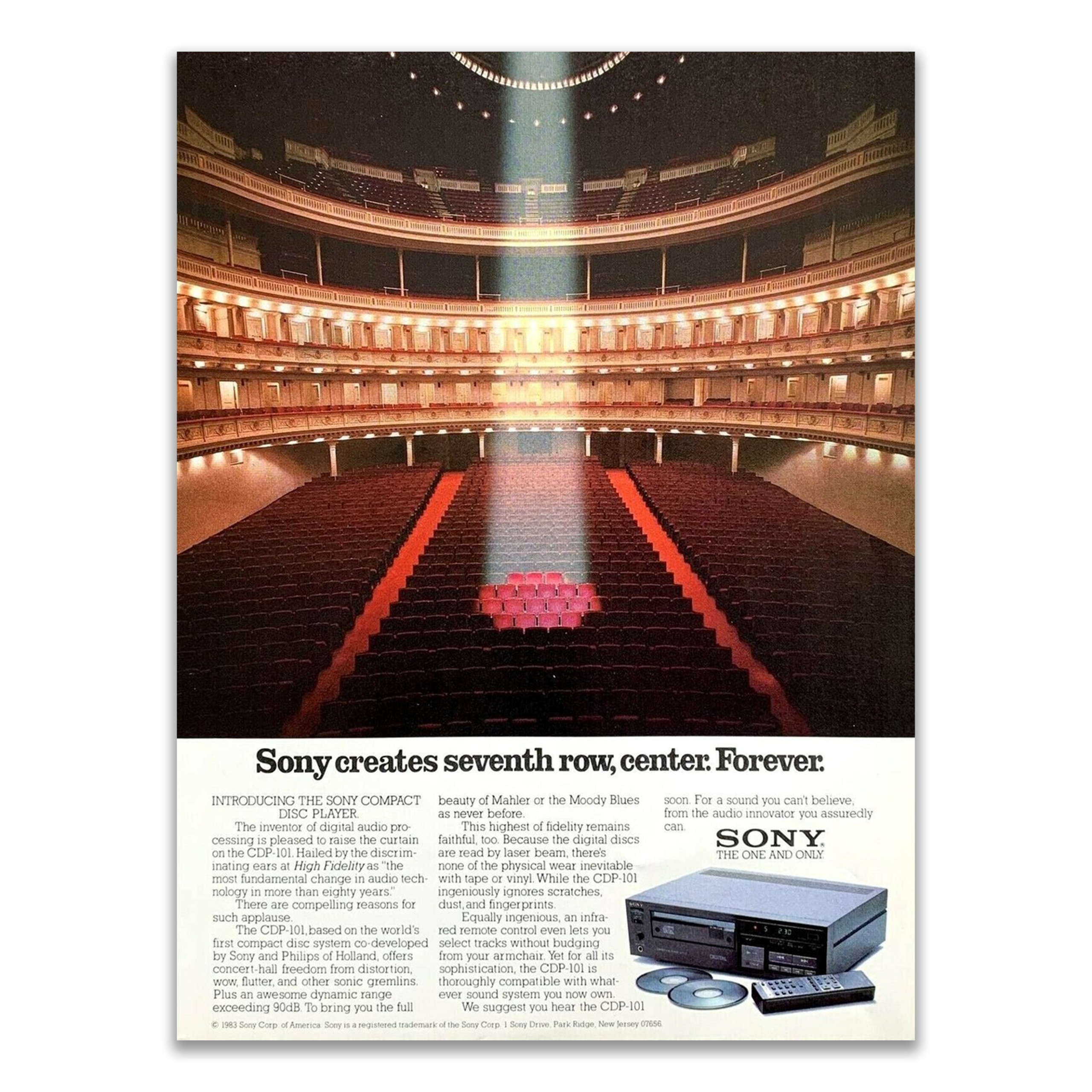 Publicité Sony CDP-101 destinée aux marchés européen et américain (1983) — "Sony creates seventh row, center. Forever."