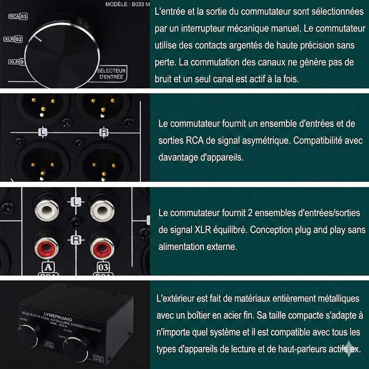 Détails techniques du sélecteur audio passif FUNFANG B033 : boutons de sélection, connectiques XLR symétriques, entrées RCA et boîtier métallique noir haute précision.