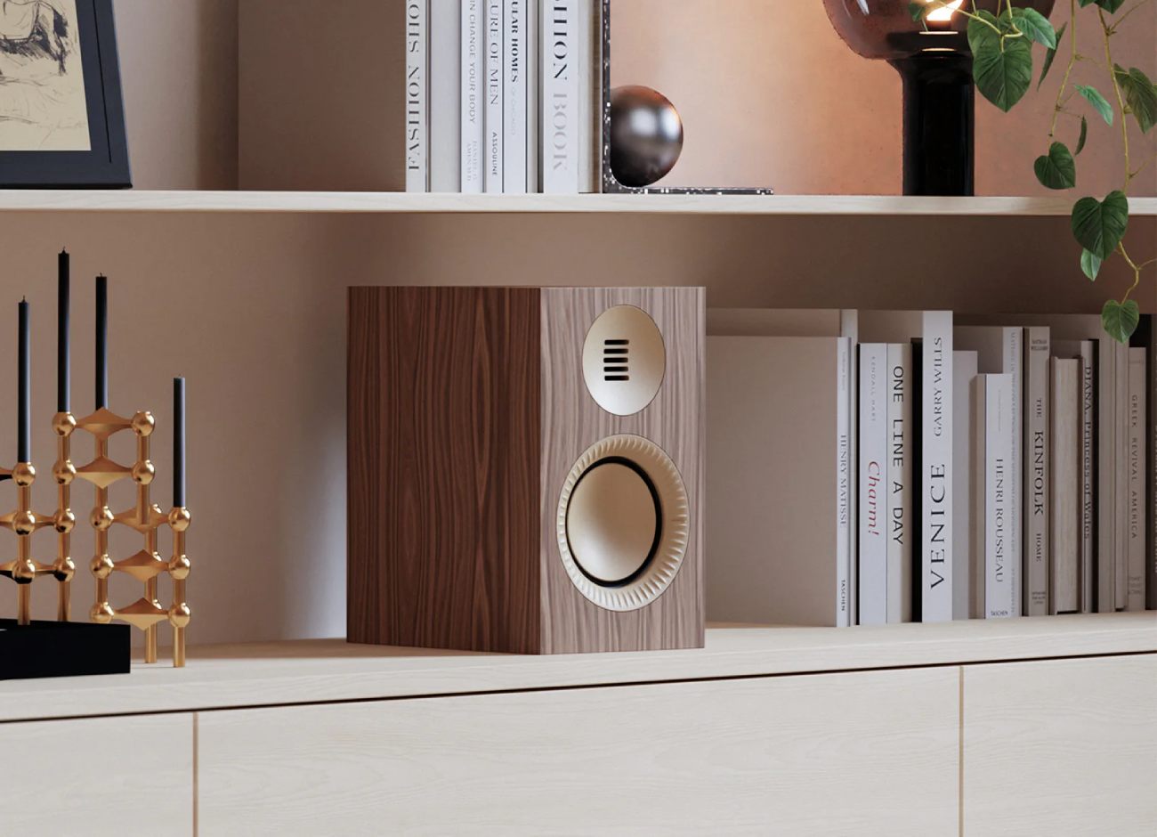 Kanto Tuk Grand finition noyer sur meuble salon avec tweeter AMT et woofer aluminium