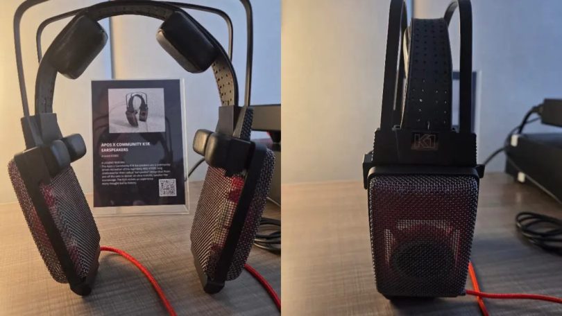 Prototype du casque Apos K1K earspeaker dérivé de l'AKG K1000, présenté à l'AXPONA 2026 avec ses transducteurs suspendus à distance des oreilles selon la géométrie ouverte d'origine