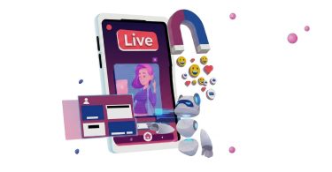 Illustration 3D montrant un smartphone avec une interface de streaming vidéo "Live", une présentatrice virtuelle, un petit robot assistant et un aimant attirant des emojis de réaction (cœurs, likes, sourires).