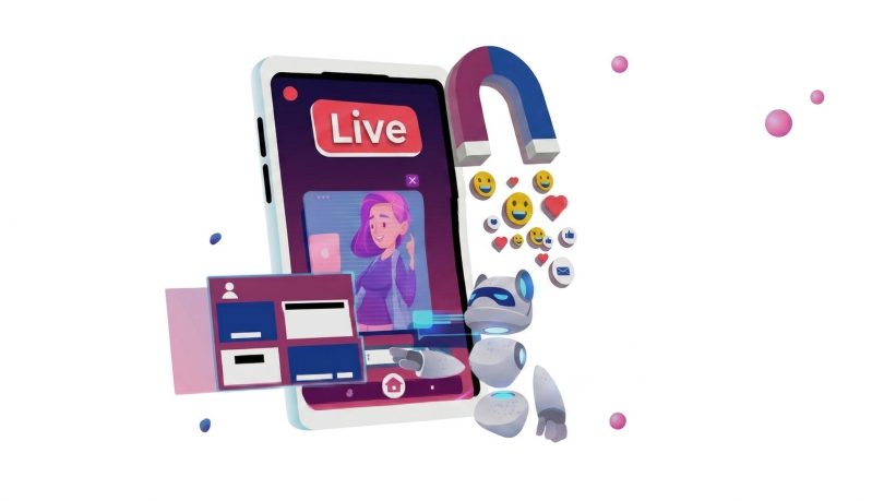 Illustration 3D montrant un smartphone avec une interface de streaming vidéo "Live", une présentatrice virtuelle, un petit robot assistant et un aimant attirant des emojis de réaction (cœurs, likes, sourires).