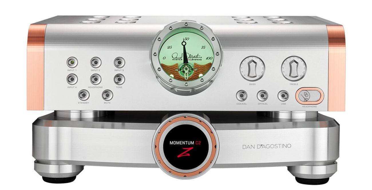 Dan D'Agostino Momentum C2Z préamplificateur deux châssis avec alimentation séparée, vumètre vert, finition argent et cuivre