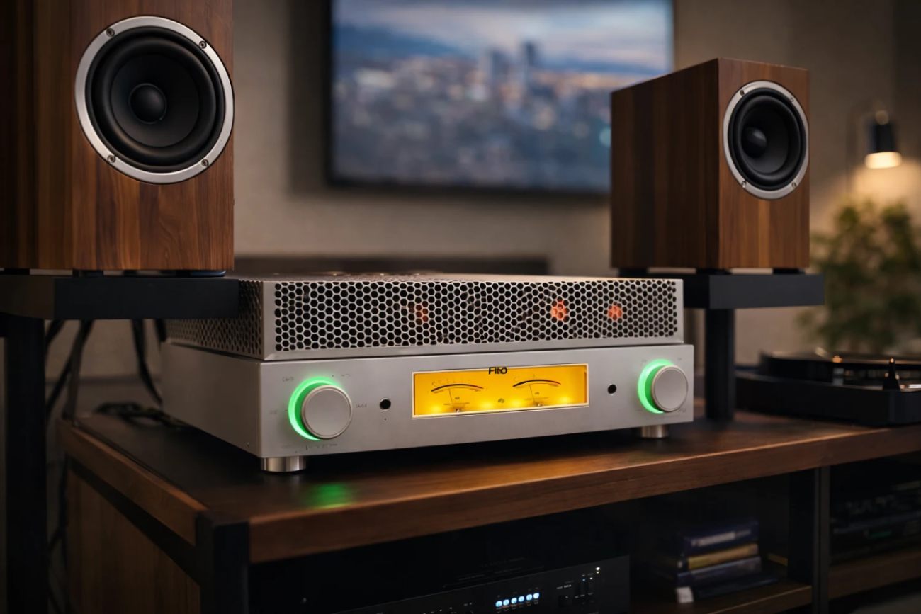 Amplificateur à tubes FiiO EA13 avec grille de ventilation honeycomb, VU-mètres aiguilles jaunes rétroéclairés et boutons rotatifs lumineux verts, sur meuble bois entre deux enceintes bibliothèque