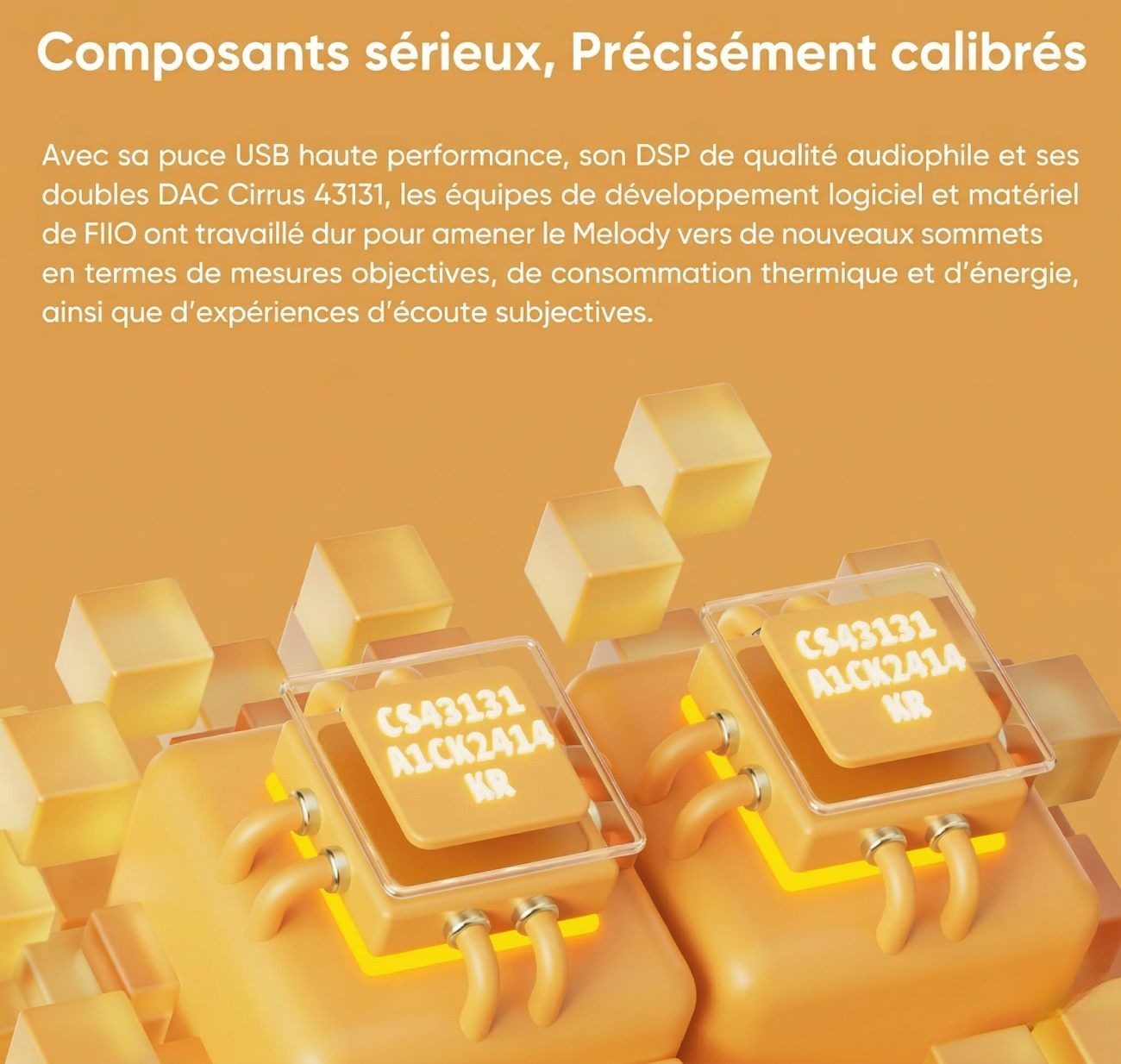 Description : Vue éclatée stylisée des composants internes du FiiO Snowsky Melody, mettant en évidence les deux puces DAC Cirrus Logic CS43131 configurées en mode balancé pour une séparation des canaux optimale.