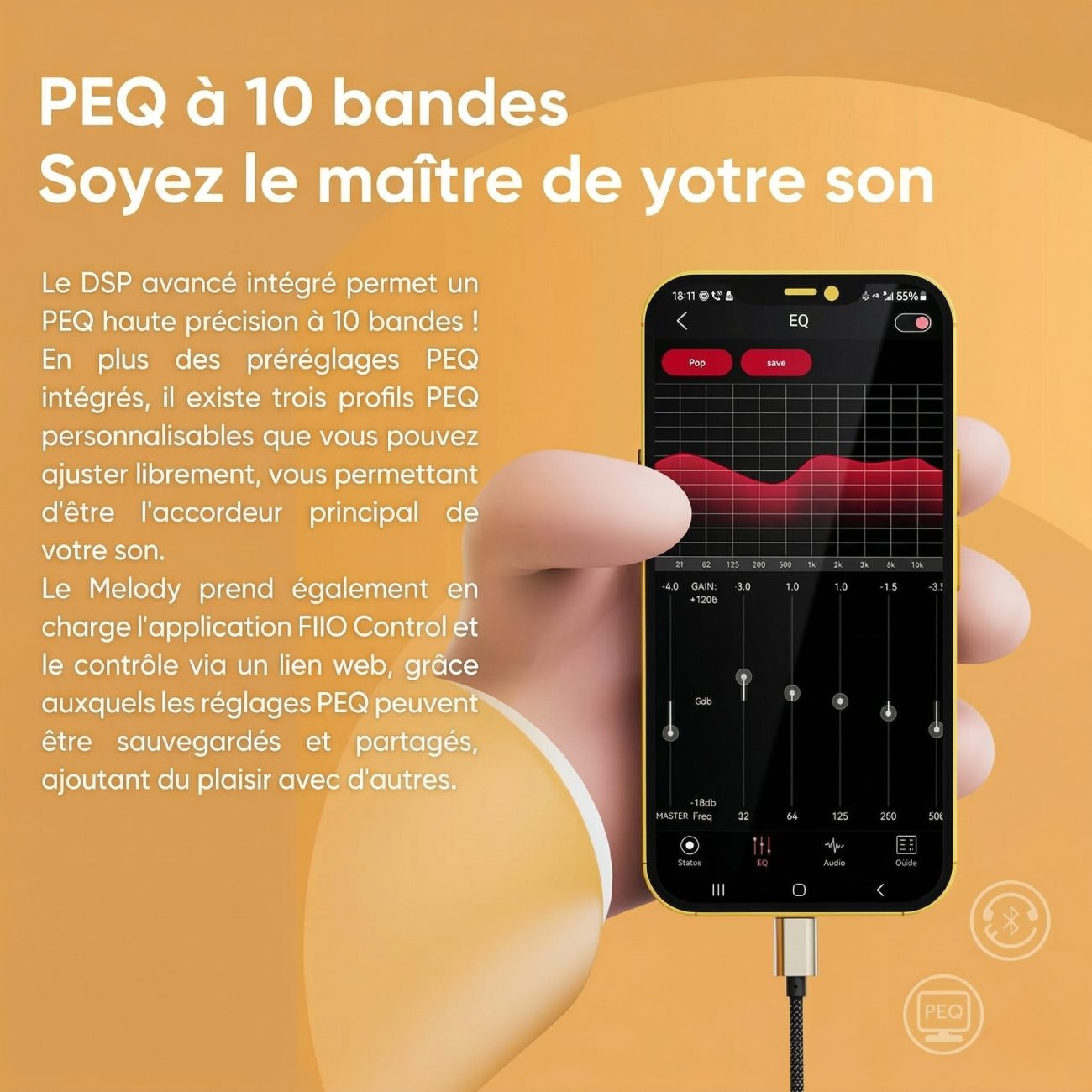 Description : Interface de l'application FiiO Control sur un smartphone tenu en main, affichant les réglages de l'égaliseur paramétrique (PEQ) à 10 bandes pour le DAC FiiO Snowsky Melody, avec une courbe de réponse en fréquence rouge sur fond noir.