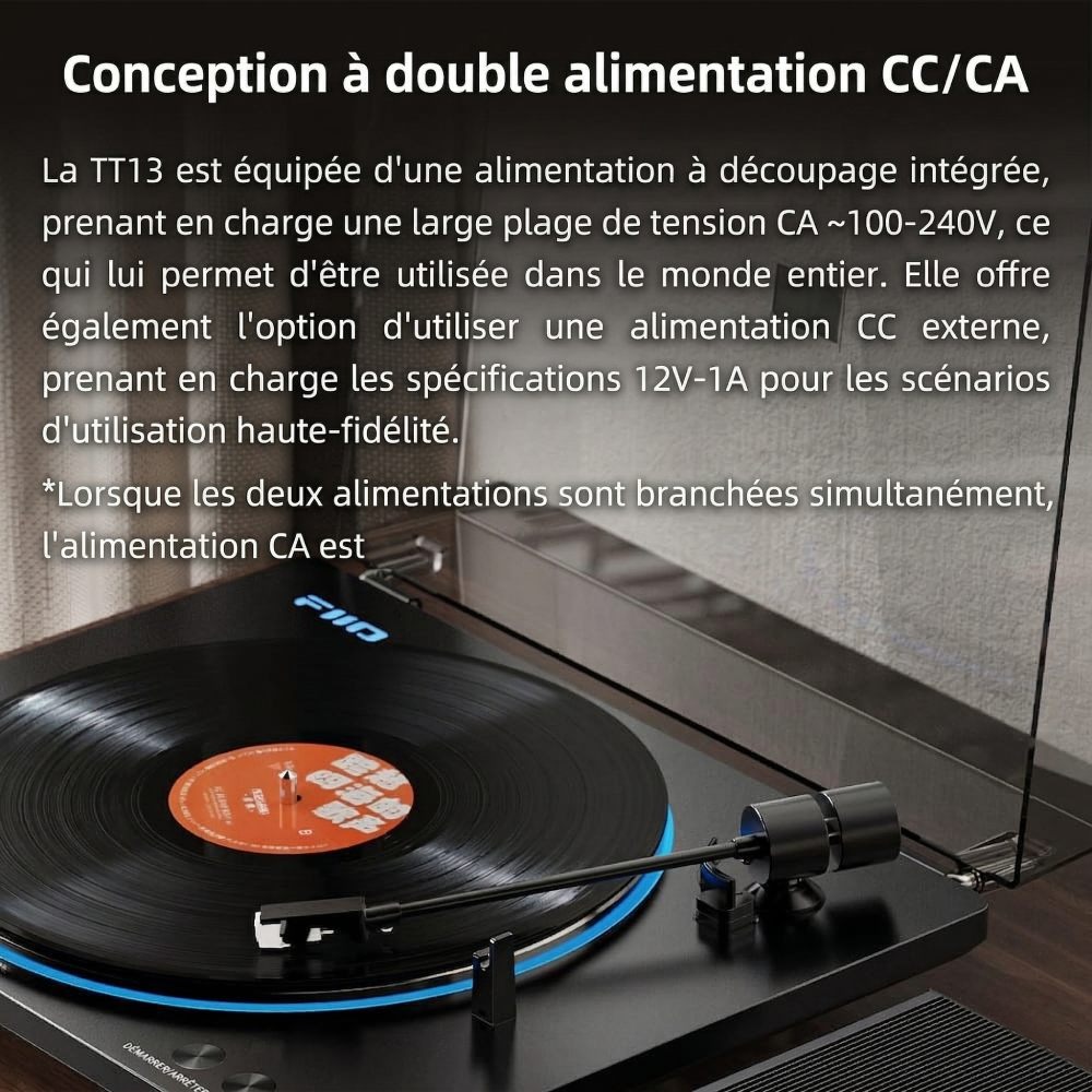Platine vinyle FiiO TT13 vue de dessus montrant le plateau en aluminium, le bras de lecture automatique et un texte explicatif sur la double alimentation commutable AC/DC.