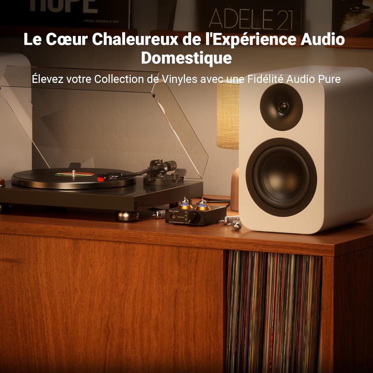 Préamplificateur phono à tubes Fosi Audio BOX X2 installé sur un meuble en bois à côté d'une platine vinyle noire et d'une enceinte colonne blanche, ambiance HiFi chaleureuse.