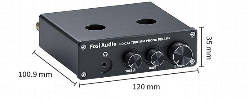 Le Fosi Audio BOX X4 est présenté avec ses dimensions indiquées sur un schéma précis.