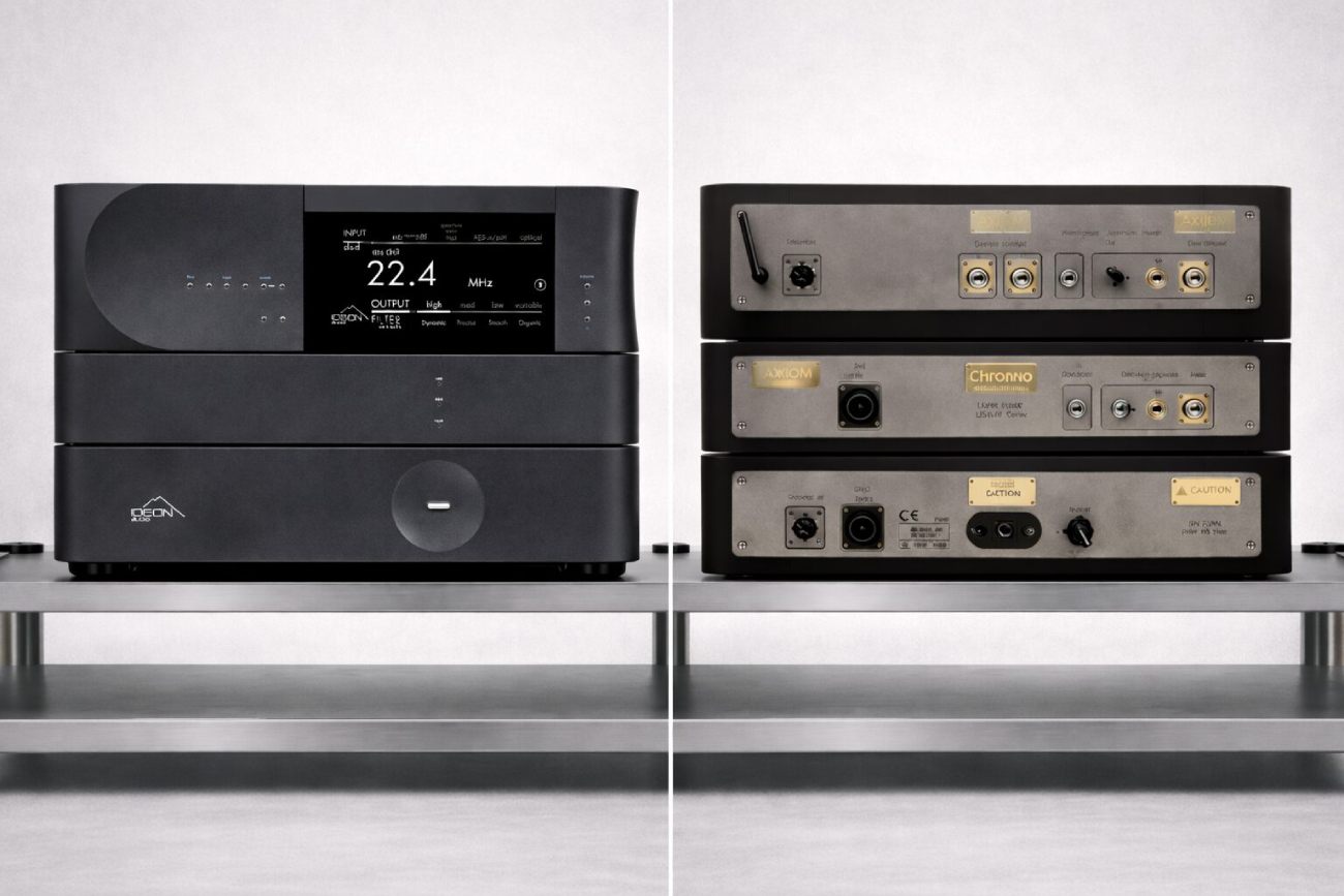 Ideon Audio Axiom DAC trois châssis vue face et arrière, connectique XLR, modules Engine Chrono Grid empilés