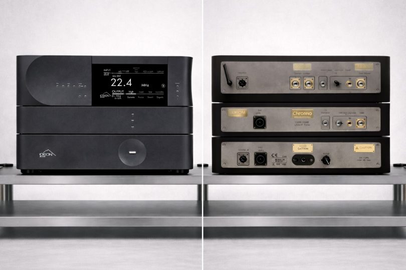 Ideon Audio Axiom DAC système trois châssis vue avant et arrière avec écran 22.4 MHz et connectique XLR RCA