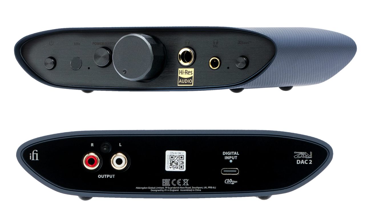 Vues officielles face avant et face arrière de l'amplificateur DAC iFi Zen Air DAC 2 en finition midnight blue, montrant le bouton power dédié, l'indicateur kHz, le bouton PowerMatch, le bouton XBass+, les sorties casque 6,3 mm single-ended et 4,4 mm balanced en façade, et l'entrée USB-C 10 Gbps avec sortie RCA stéréo en face arrière, designed by iFi in England assembled in China