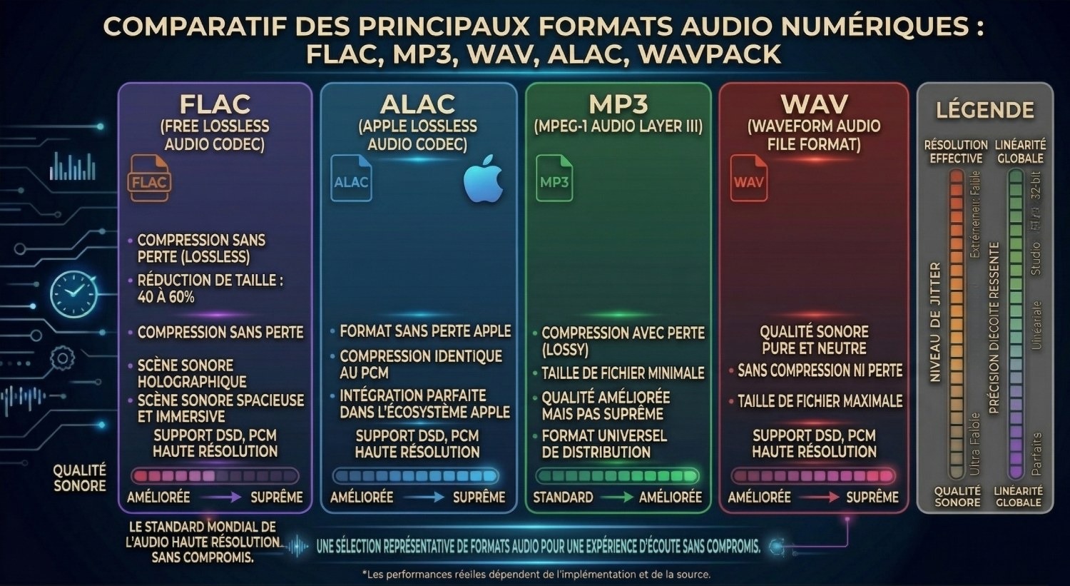 Infographie comparatif des principaux formats audio numériques : FLAC (lossless, réduction 40-60%, scène holographique, DSD/PCM haute résolution), ALAC (Apple lossless, compression identique PCM, écosystème Apple), MP3 (compression avec perte lossy, taille minimale, format universel), WAV (onde brute, sans compression ni perte, taille maximale, DSD/PCM) - qualité sonore et résolution comparées