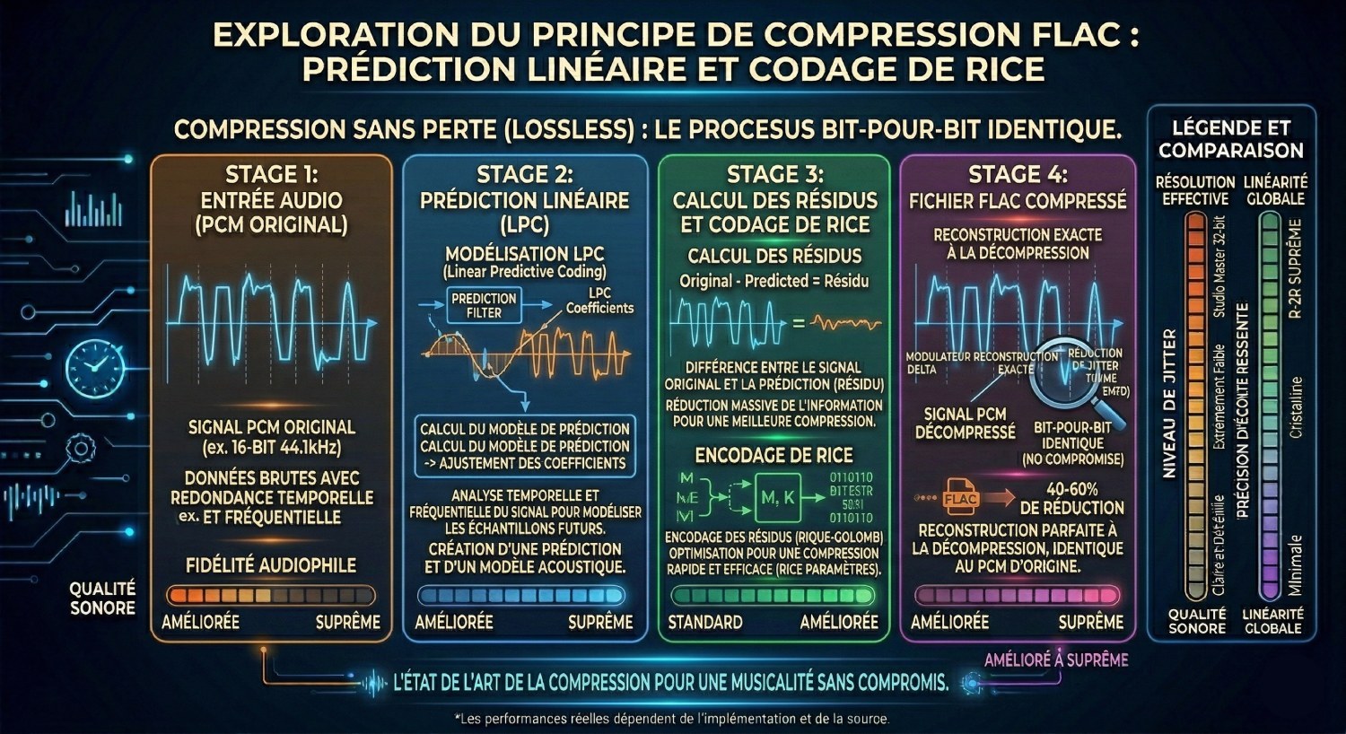 Infographie principe de compression FLAC en 4 étapes : Stage 1 signal PCM original 16-bit 44,1kHz avec redondance temporelle et fréquentielle, Stage 2 prédiction linéaire LPC modélisation et ajustement coefficients, Stage 3 calcul des résidus (Original - Predicted = Résidu) et encodage de Rice-Golomb, Stage 4 fichier FLAC compressé reconstruction exacte bit-pour-bit identique au PCM d'origine réduction 40-60%