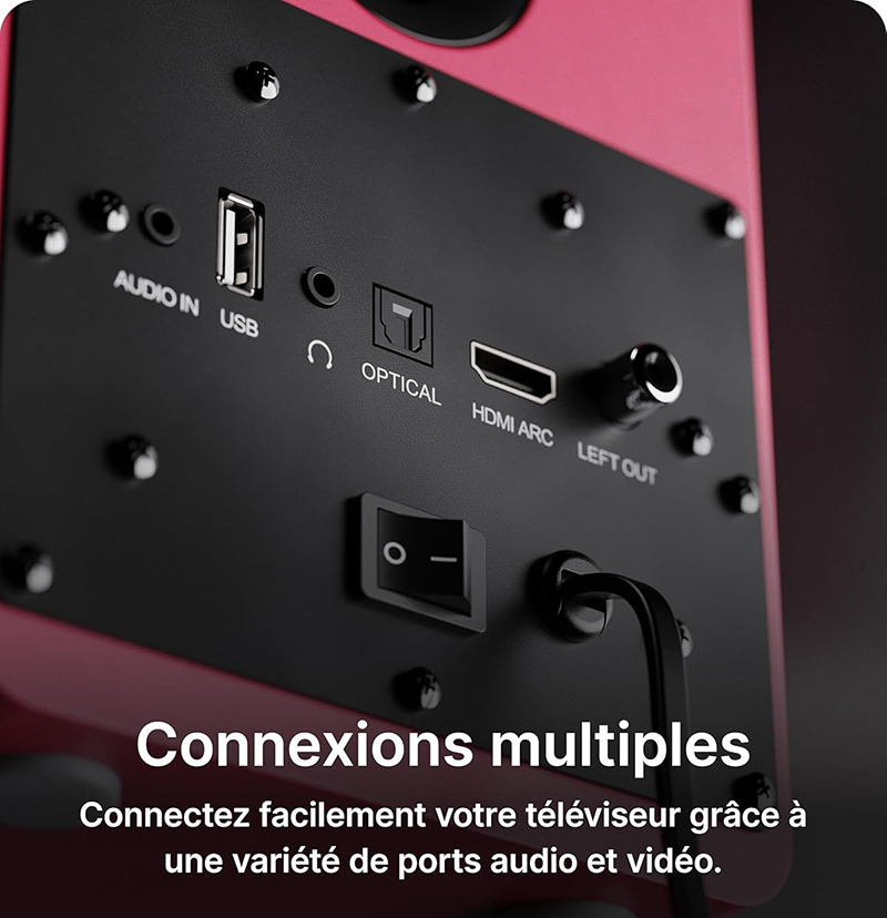 Cette image met en évidence l’arrière des enceintes MAJORITY D50X avec leurs différentes options de connectivité. On y voit notamment les ports HDMI ARC et fibre optique permettant une installation polyvalente. Ces caractéristiques facilitent leur intégration dans un système audio ou TV.