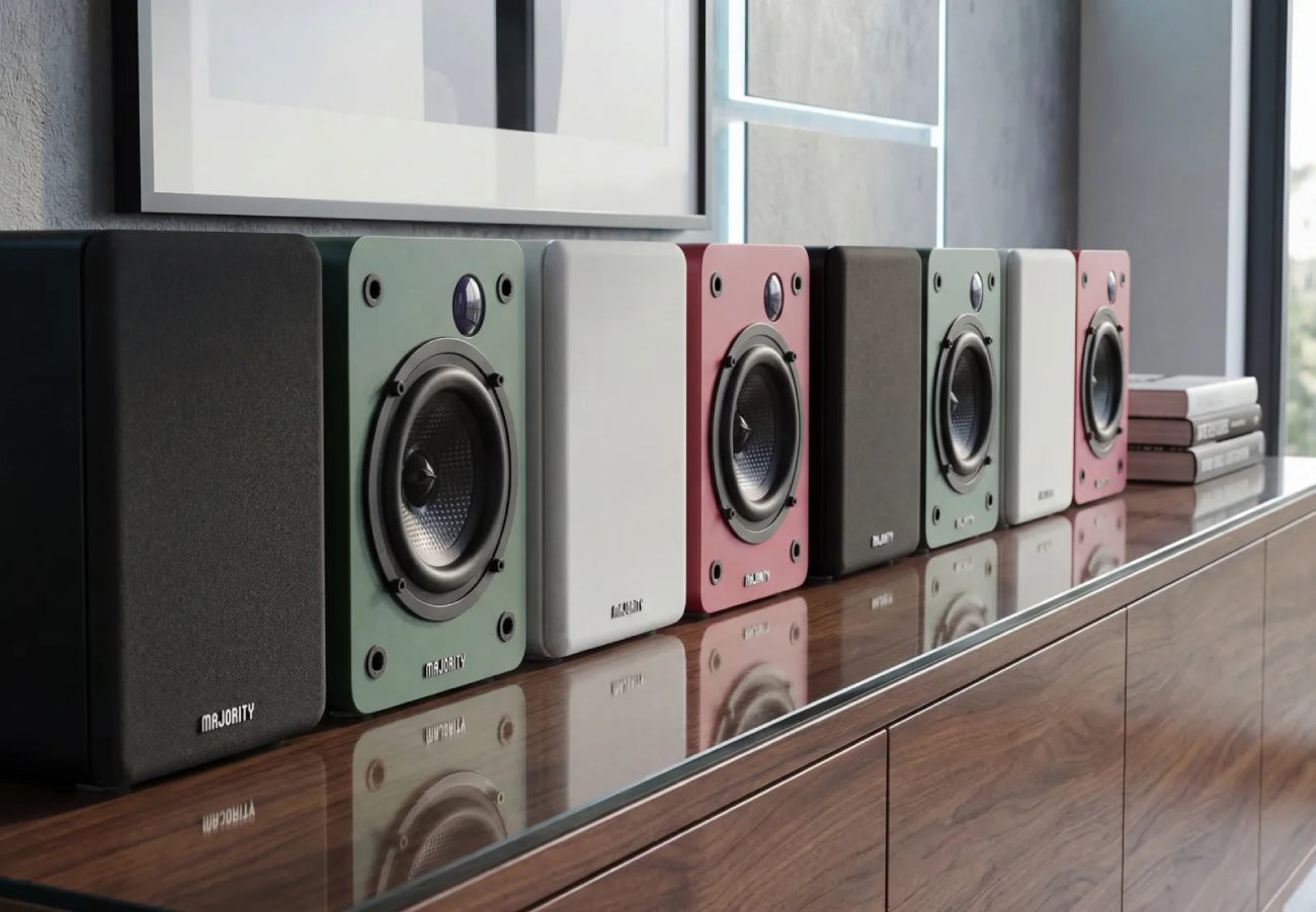 Enceintes Majority D50X alignées dans tous les coloris disponibles : noir, vert, blanc et rose