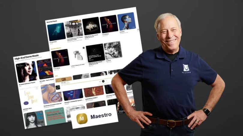 Paul McGowan de PS Audio pose souriant devant des captures d'écran de l'interface Maestro Music montrant les recommandations Ella et les playlists audiophiles